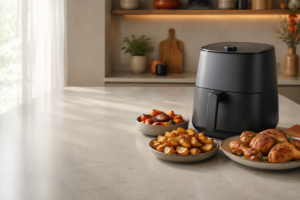 Air fryer preta com batatas douradas, legumes assados e frango em uma cozinha clara